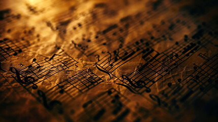 Vintage music sheet with aged, crumpled texture and blurred musical notes and lines, illuminated by a warm, dramatic light, suggesting classical composition or history.