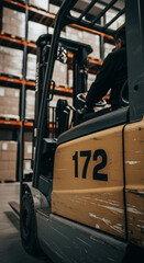 Naklejka premium Close-up of beige forklift in warehouse, showing number 172, symbolizes industry, logistics, and hard work