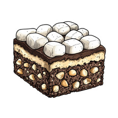 Engraving of Rocky Road Brownie with Marshmallows and Nuts in Vintage Style, isolated on transparent background.