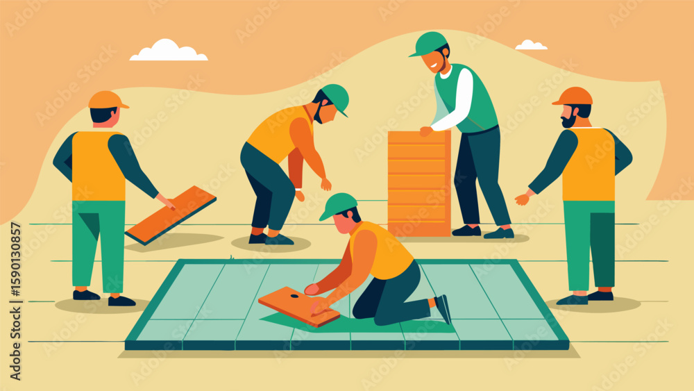 Poster a team of workers swiftly installing prefabricated flooring panels eliminating the need for timecons
