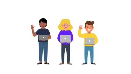 Cartoon programmers standing with laptops and waving, isolated on clean white background. Ideal for websites, apps, tech blog headers, and infographics.