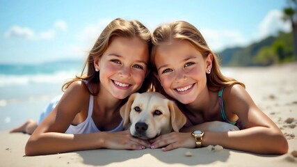 Two happy girls with a dog lying on the sand by the sea, enjoying summer vacation