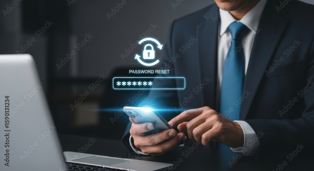 Poster a person uses a smartphone to reset a password on a laptop, highlighting digital security and access