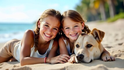 Two happy girls with a dog lying on the sand by the sea, enjoying summer vacation