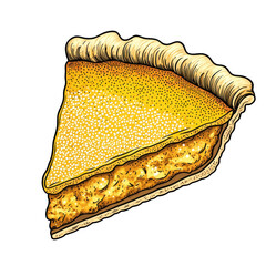 Engraving Style of Shoofly Pie Slice with Golden Filling and Crust Design, isolated on transparent background.