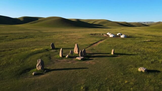 An aerial view captures the serene mongolian steppe with ancient standing stones and traditional yurts dotting the vast, undulating grassland under a clear blue sky