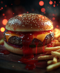 Soczysty hamburger z roztopionym serem i obfitym sosem, który spływa po bułce. Obok złote frytki, w tle rozmyte, czerwone światła.