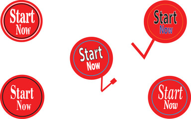 Minimal red circular start now label set with speech bubble and alert icons for digital promotion use
