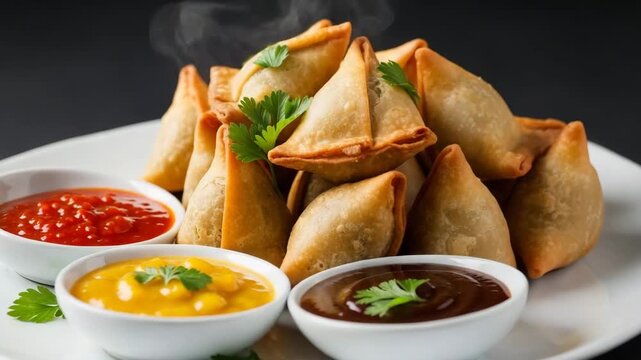 Hot samosas on a white plate with various sauces from Indian cuisine