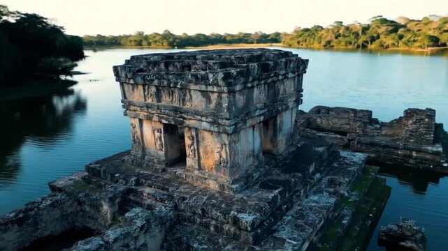 An aerial shot reveals the ancient neak pean temple ruins in cambodia, surrounded by the serene waters of a lake