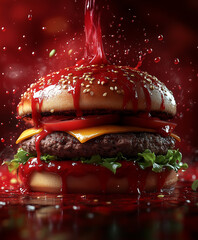 Soczysty hamburger z wołowiną, serem i warzywami, obficie polany czerwonym sosem, który spływa po bułce. Krople sosu latają wokół, tworząc dynamiczny efekt.
