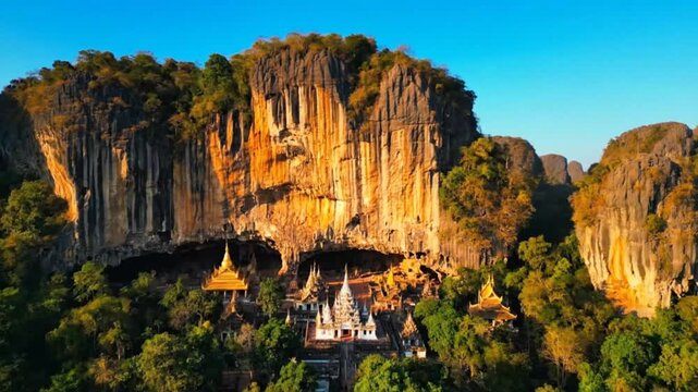 Majestic view of the tiger cave temple nestled within a towering mountain cave, a serene buddhist sanctuary in the heart of krabi, thailand