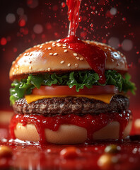 Soczysty hamburger z wołowiną, serem, sałatą i pomidorem, obficie polany czerwonym sosem. Krople sosu latają wokół, tworząc dynamiczny efekt.