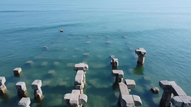 An aerial view captures the submerged ruins of an ancient structure in the ocean, hinting at a lost civilization and sparking tales of mystery and exploration