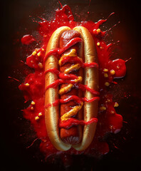Soczysty hot dog z keczupem i musztardą, położony na plamie czerwonego sosu. Widok z góry, ciemne tło podkreśla intensywne kolory.