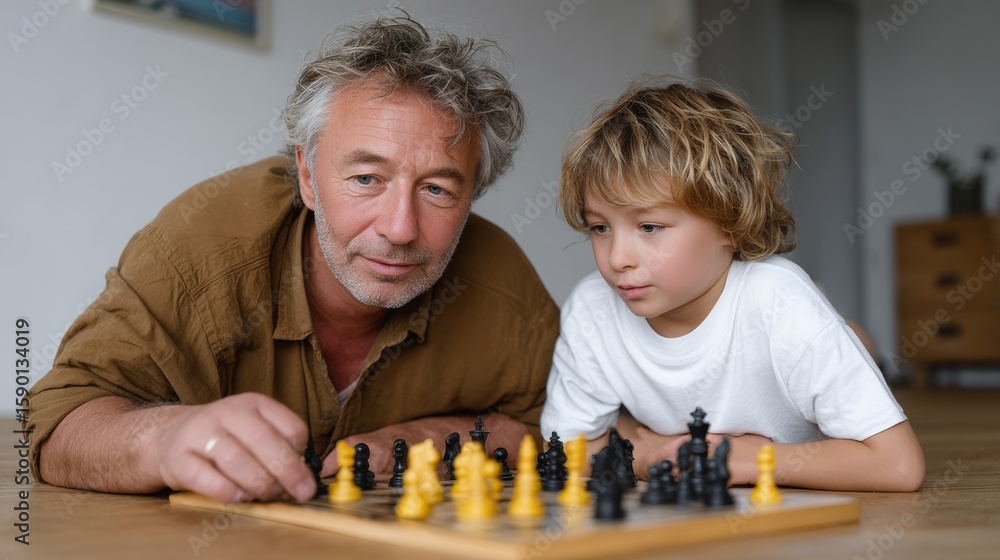 Poster man and a boy are playing a game of chess