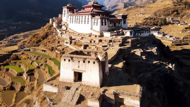 An aerial view captures the majestic paro dzong nestled in the mountainous landscape of bhutan