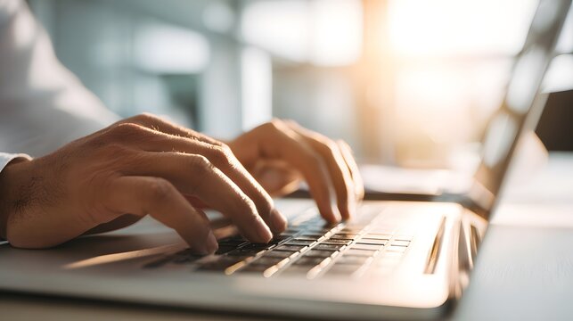 Close up of hands typing on a laptop keyboard in a bright and modern office setting with sunlight