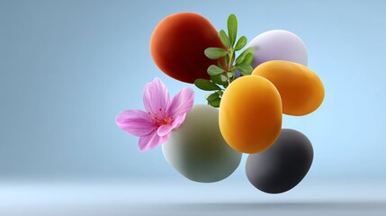 Colorful assortment of fruits and flowers are floating in the air