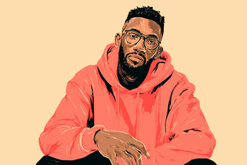African American man sitting with glasses and a hoodie in an illustrated style  