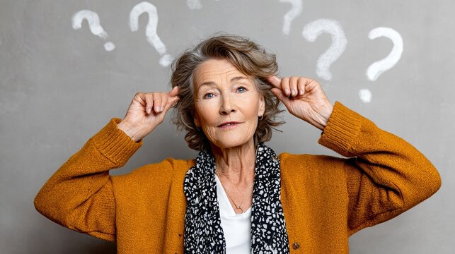 Woman with a puzzled look on her face is wearing a yellow sweater and a black