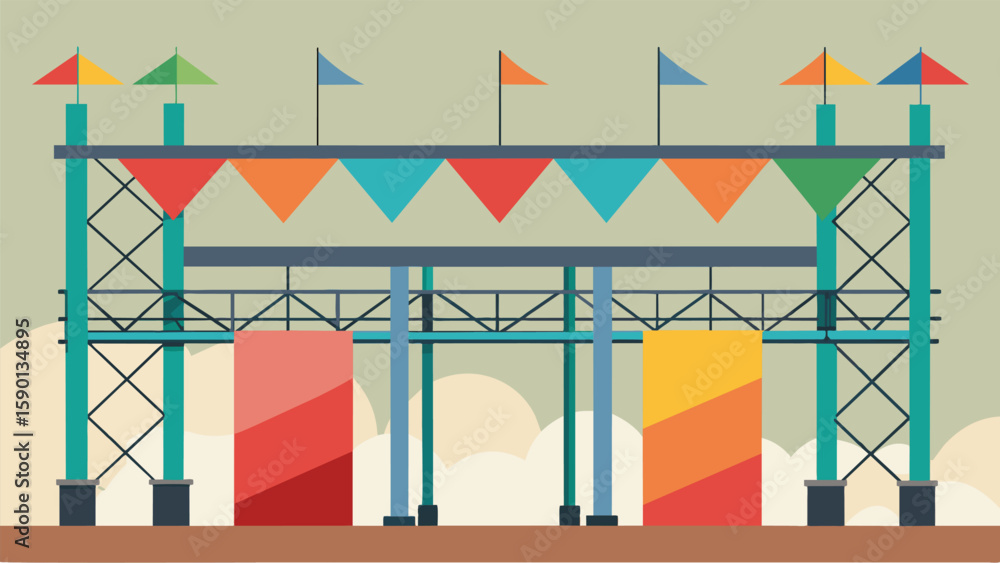 Poster a metal framework spanning the height of the building with colorful banners and flags hanging from i