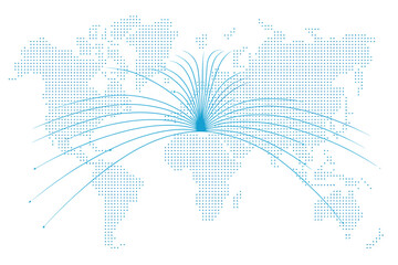 Global reach is shown with a world map and emanating lines, symbolizing connectivity, international business, or global network.