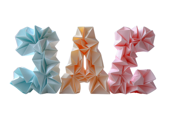 Realistic pastel origami letters spelling JAZ in geometric folded paper style on white background. Transparent PNG,  ideal for creative branding, typography design, or kids' decor projects