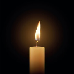 Realistic Vector Candle Flame Clipart on Dark Background. Single Wax Pillar Candle with Soft Warm Glow and Flickering Flame, Ambient Lighting Design Template for Web, Print. Square Banner