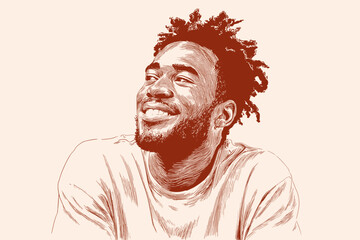 African American man smiling and looking up in a light-toned illustration  