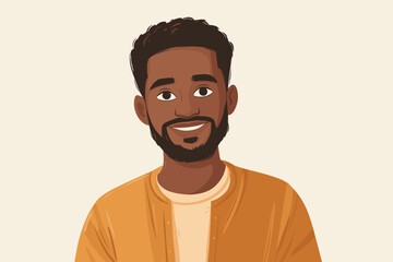 Smiling African American man wearing orange jacket with neutral background  