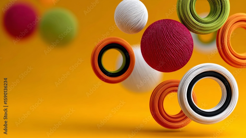 Poster colorful array of balls in the air, with some of them being red and white