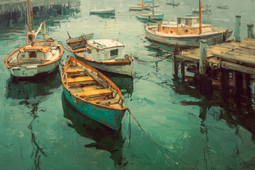 Moody fishing harbor with boats and coastal village in soft light