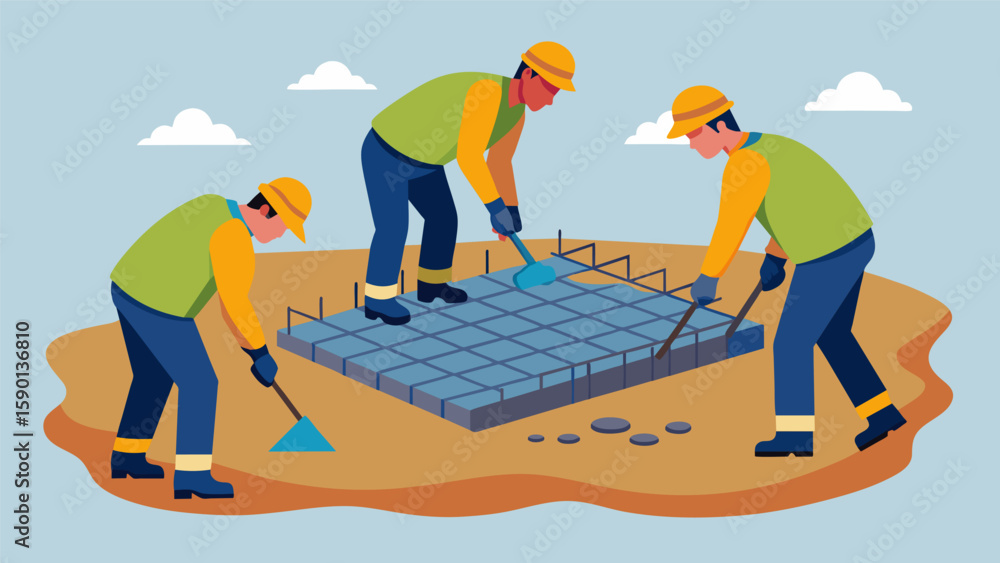 Poster a team placing geogrid reinforcement on the ground before pouring concrete for a foundation providin