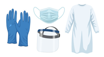 Illustration of essential personal protective equipment including gloves, mask, face shield, and gown.