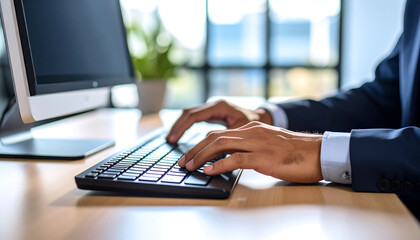 Businessman Typing on Keyboard: Close-up of a businessman's hands typing on a keyboard in a modern office setting.