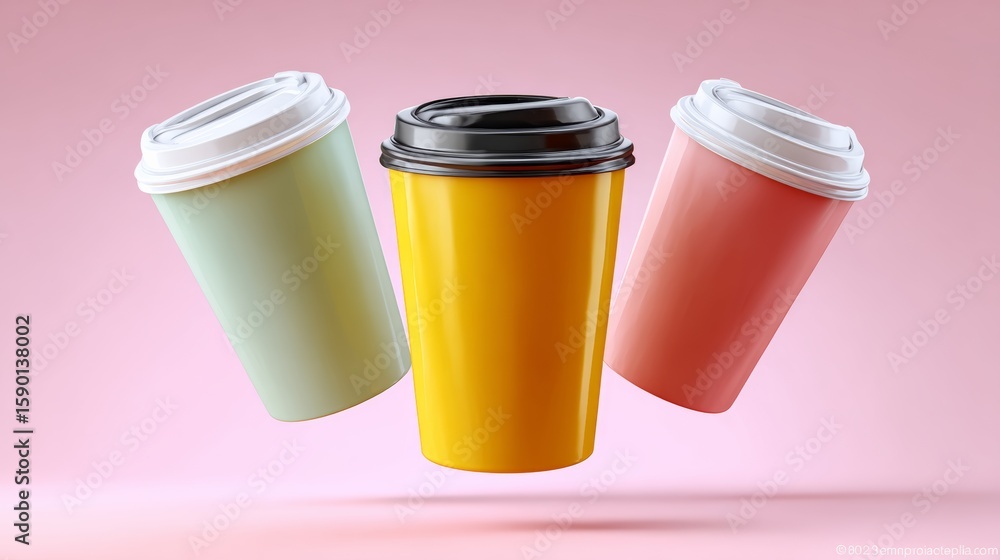 Aufkleber three cups with lids are floating in the air