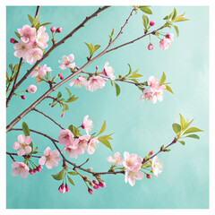 Pretty spring cherry blossom branches on turquoise blue background with copy space for your design. Springtime holidays and nature concept