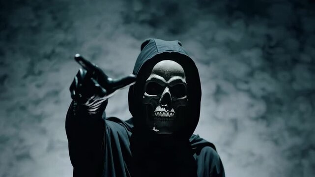 Mysterious hooded figure with skull mask gesturing in eerie smokefilled atmosphere