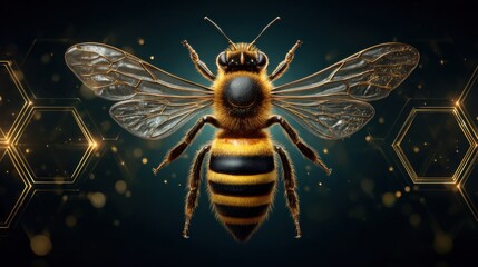 Stylized bee with intricate wings and bold stripes against a dark background with geometric hexagons, perfect for nature or abstract design concepts.