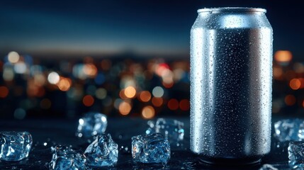 Chilled beverage can with condensation, surrounded by ice cubes against a blurred urban night backdrop, emphasizing cool, refreshing appeal. Mockup.