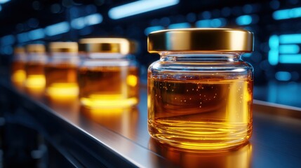 Glass jars filled with golden liquid on an illuminated factory line, highlighting industrial automation and precision.