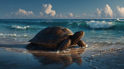 Whimsical illustration of a tortoise on a sunny beach with gentle waves, vibrant ocean, and a clear sky. Suitable for themes of tranquility and nature.