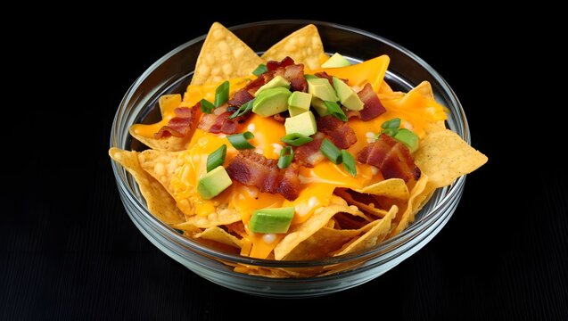 Delicious loaded nachos recipe with cheese bacon and avocado in a glass bowl snack
