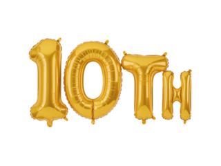 Photo of golden 10th birthday balloons spelling out the celebratory message isolated on transparent background