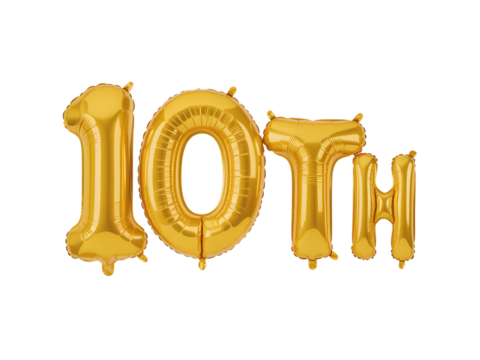 Photo of golden 10th birthday balloons spelling out the celebratory message isolated on transparent background