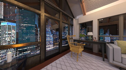 大きな窓があるリビングダイニング　3DCGレンダリング