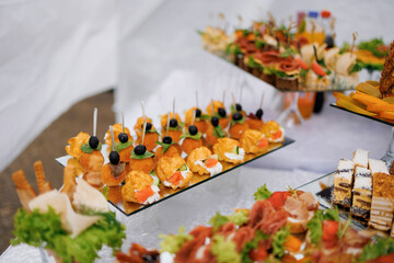 Variety of gourmet appetizers displayed at an outdoor buffet during a festive gathering