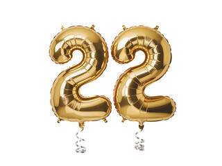 Photo of golden foil balloons forming the number twentytwo isolated on a transparent background