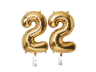 Photo of golden foil balloons forming the number twentytwo isolated on a transparent background